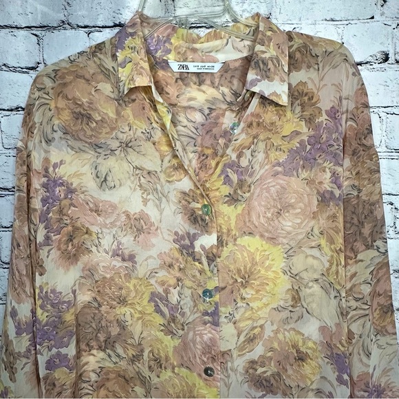 Zara Printed Long Sleeve Shirt Button Down Tunic Dress Sheer Floral Small - Picture 9 of 9